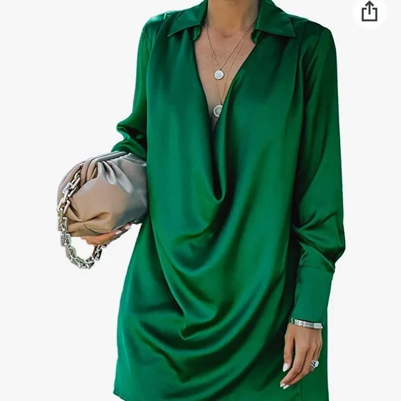 Dresses | Green Satin Collared Long Sleeve Dress | Poshmark